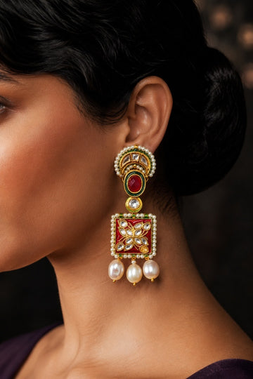 Red Meenakari with Pearl Cocoon Drop Kundan Earrings