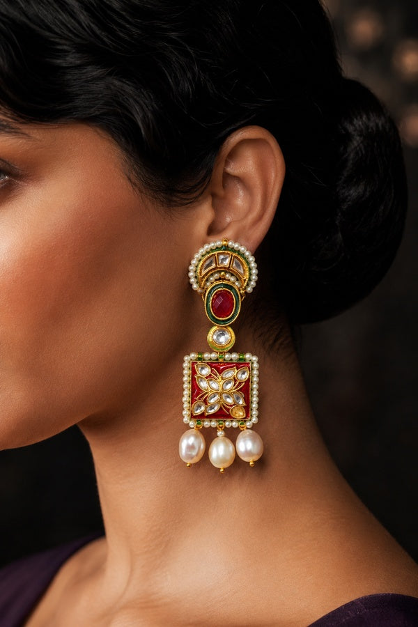 Red Meenakari with Pearl Cocoon Drop Kundan Earrings