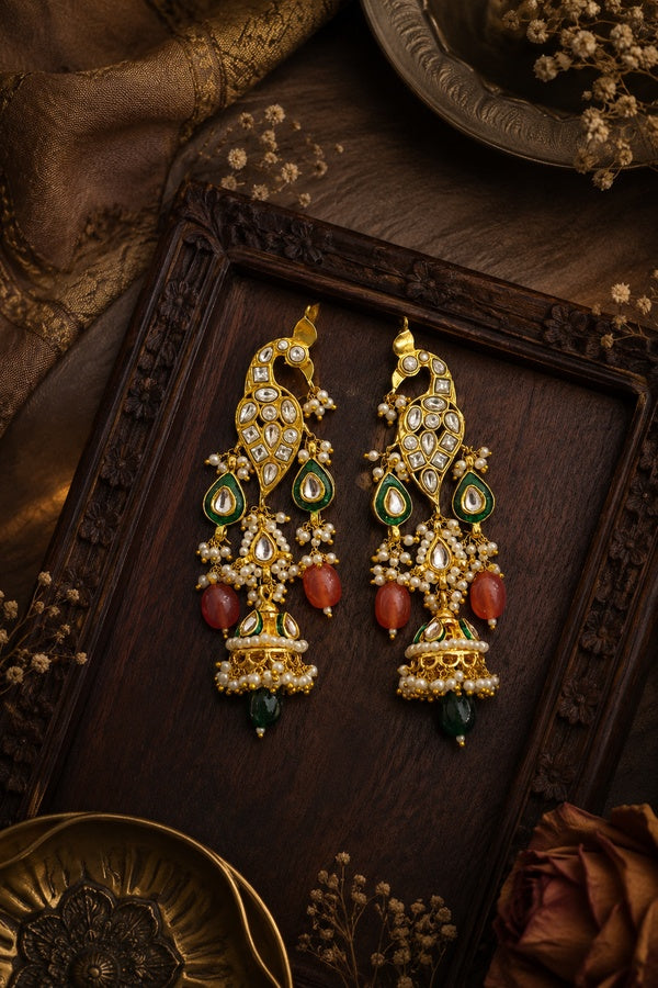 Green Meena Pink & Green Stone Ethnic Kundan Earrings