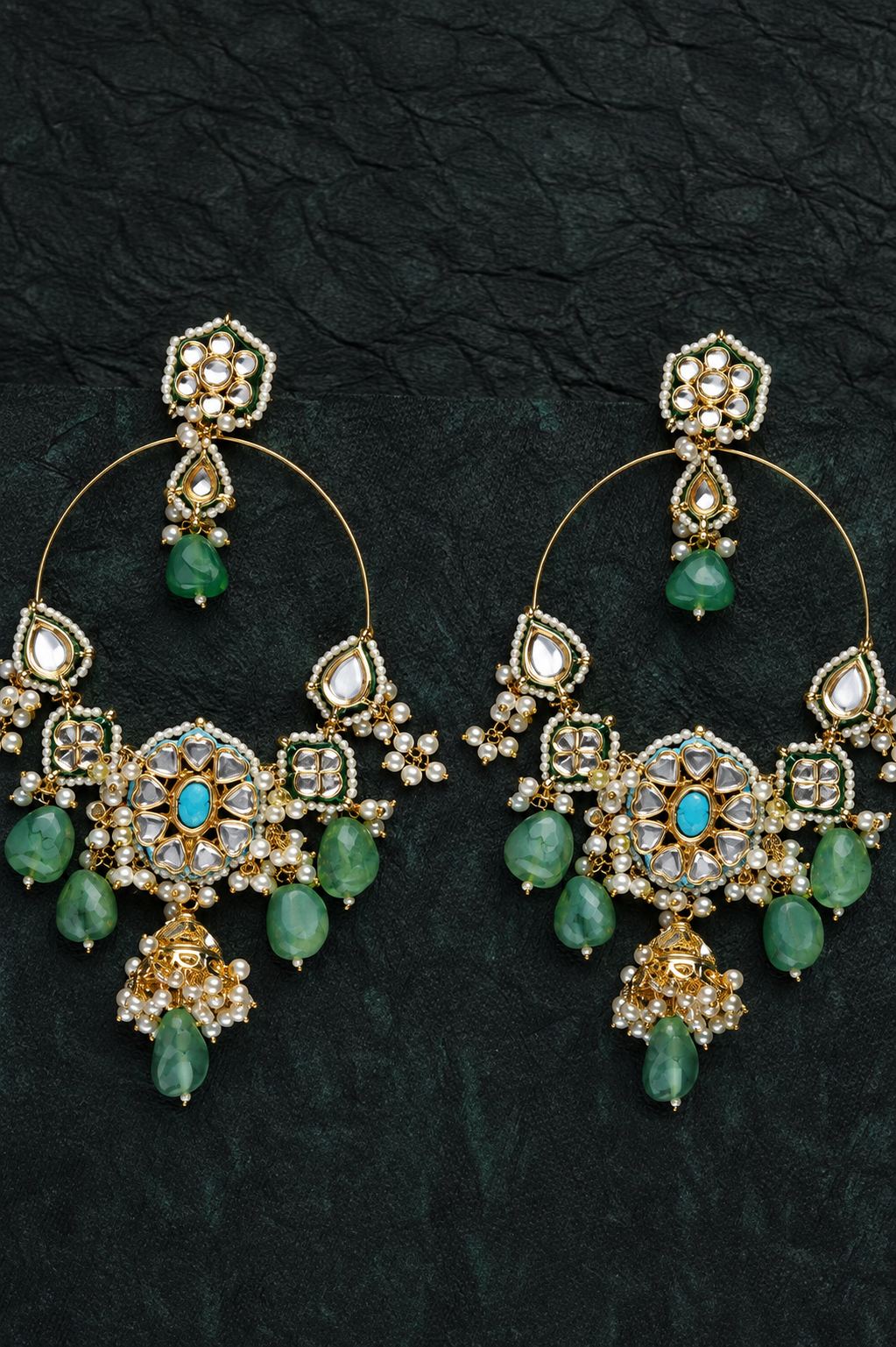 Textured Pale Green Kundan Chandbali Earrings