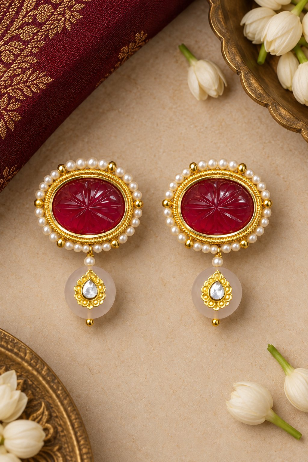 Carved Ruby & Rose Quartz Drop Earrings