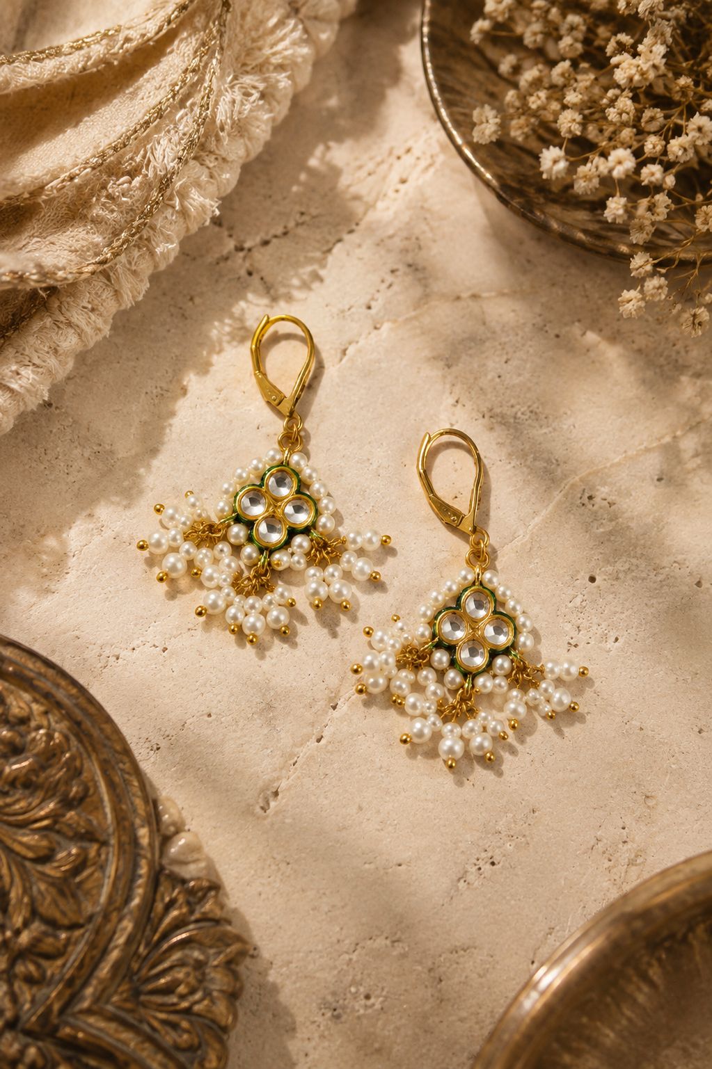 Gold & Green Meenakari Pearls Kundan Earrings