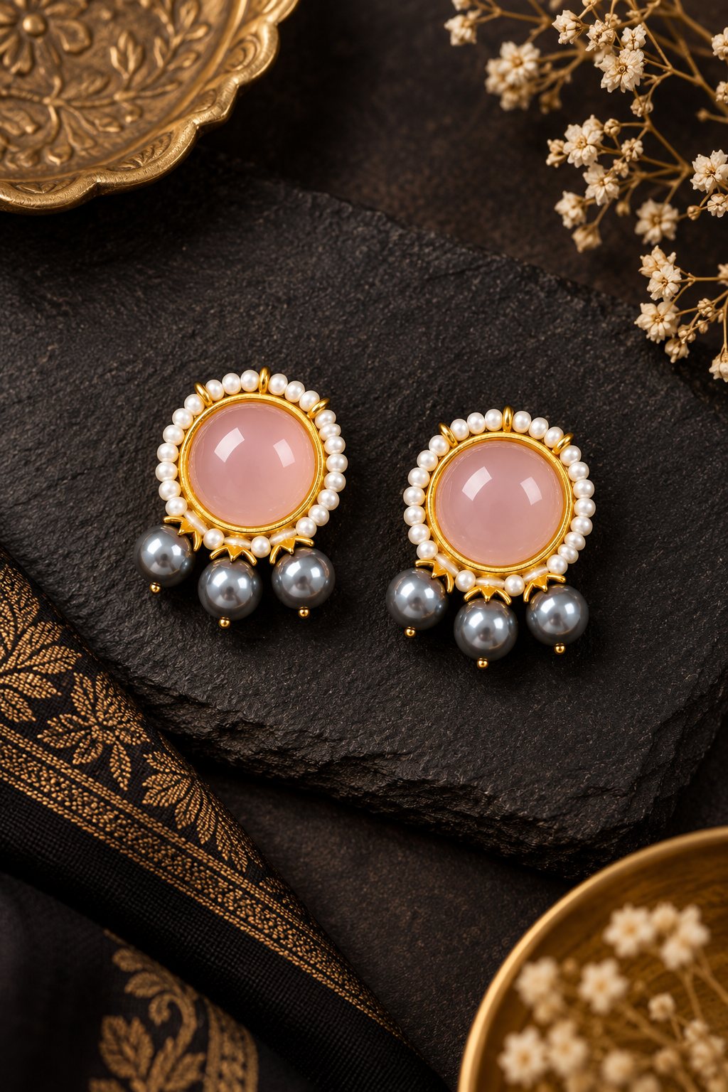 Rose Quartz with Grey Pearls Stud Earrings