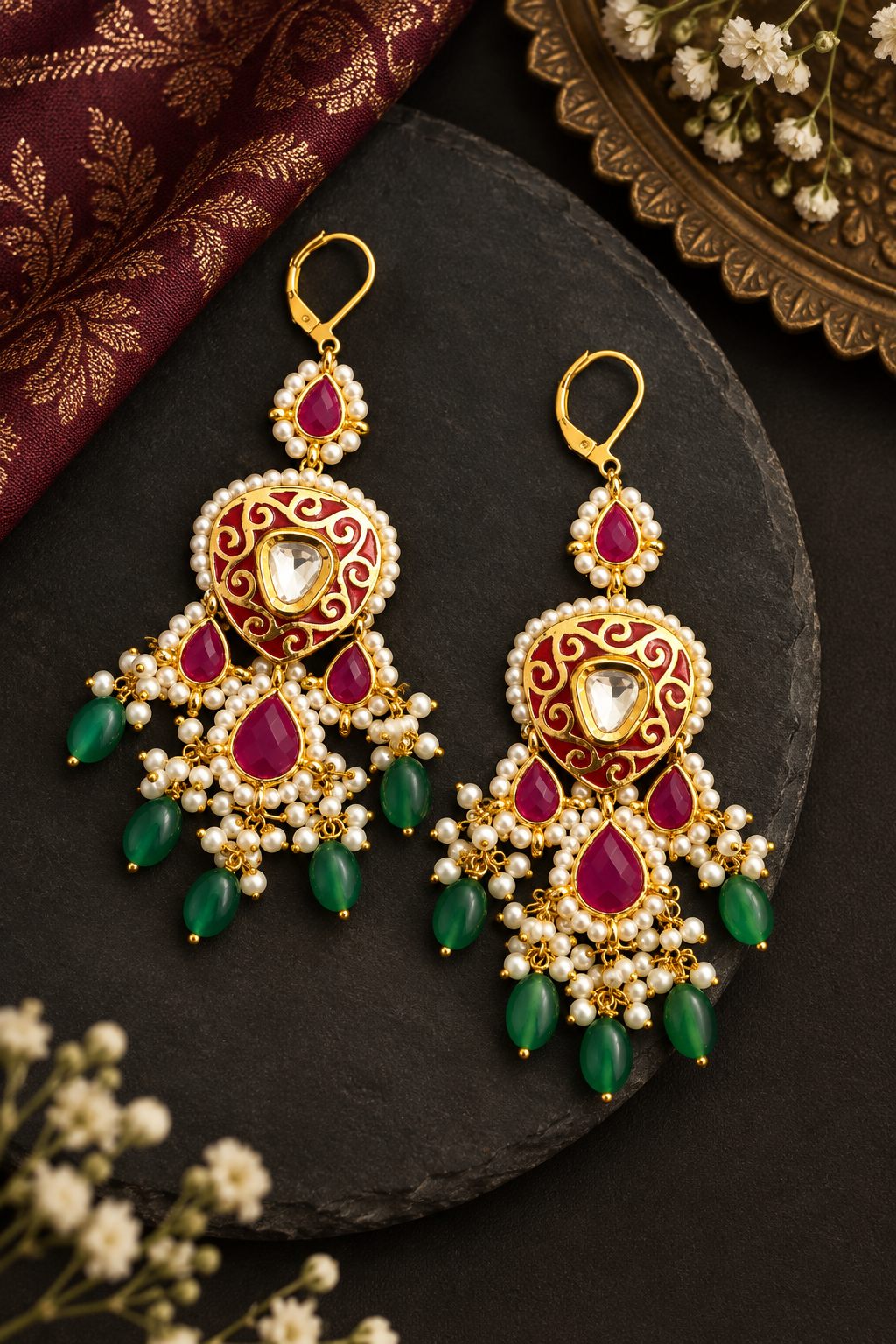Red Kundan Green Drops With Pearls Earrings