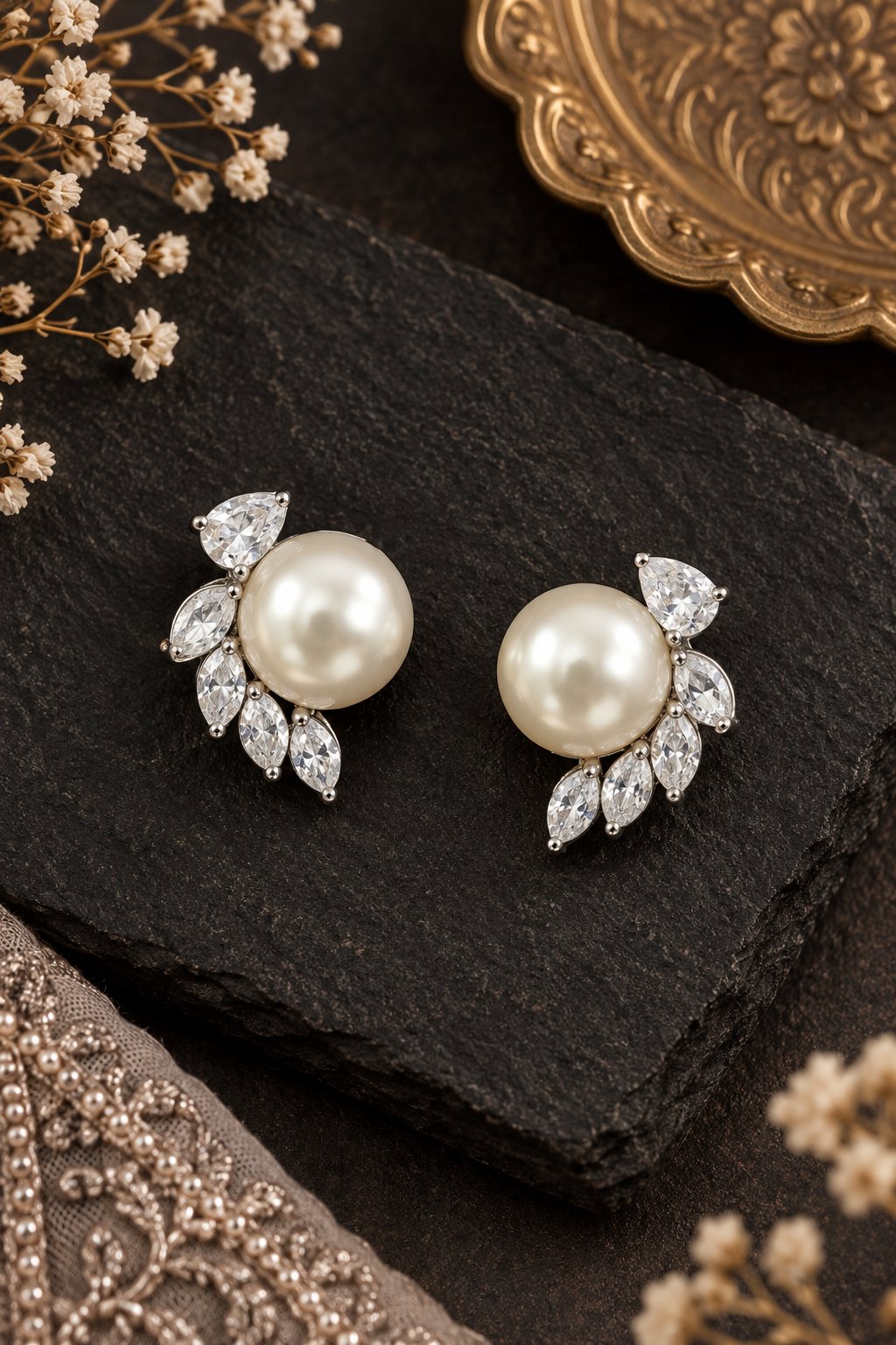 Proud Leaves Zirconia Pearl Stud