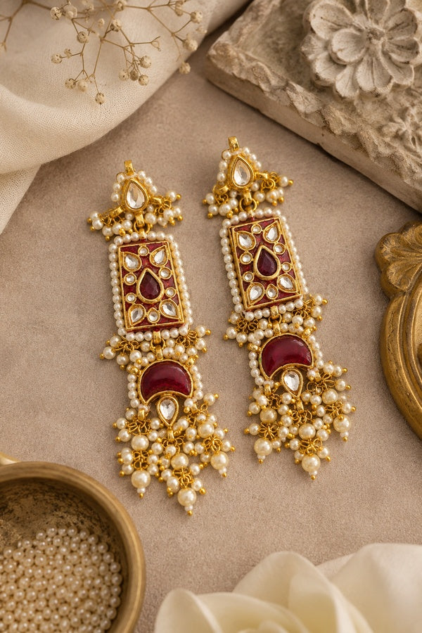 Red Meena Kundan Dangler Earrings