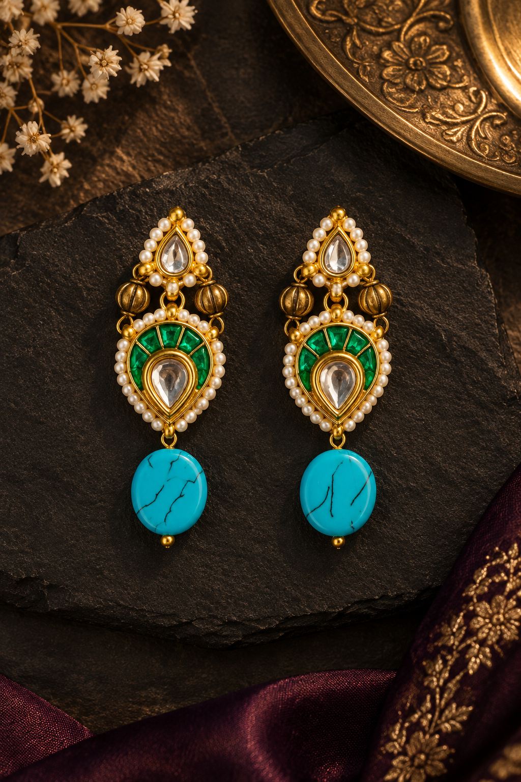 Green Kundan Turquoise Drop Earrings