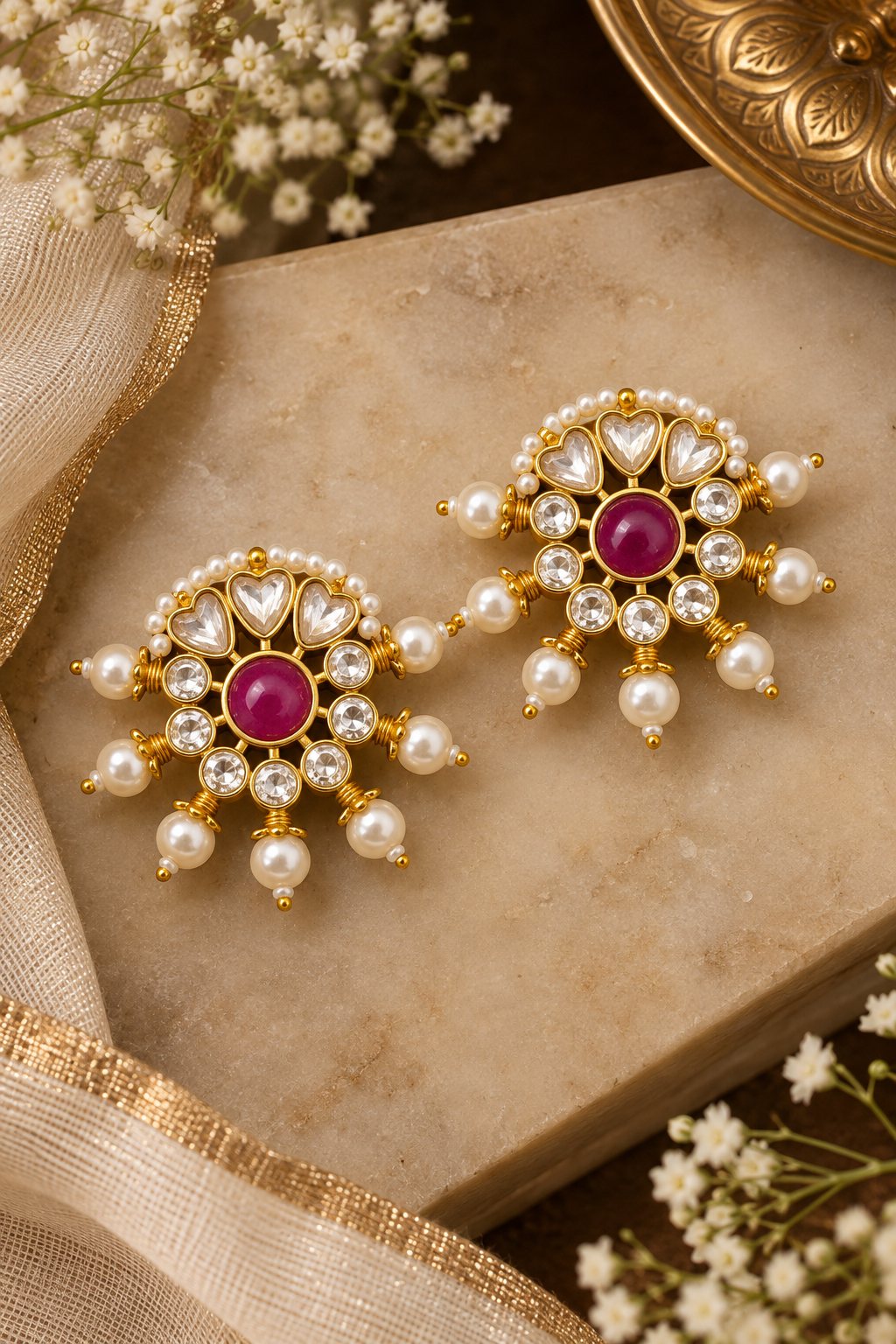 Pink Kundan & Pearls Studs Earrings