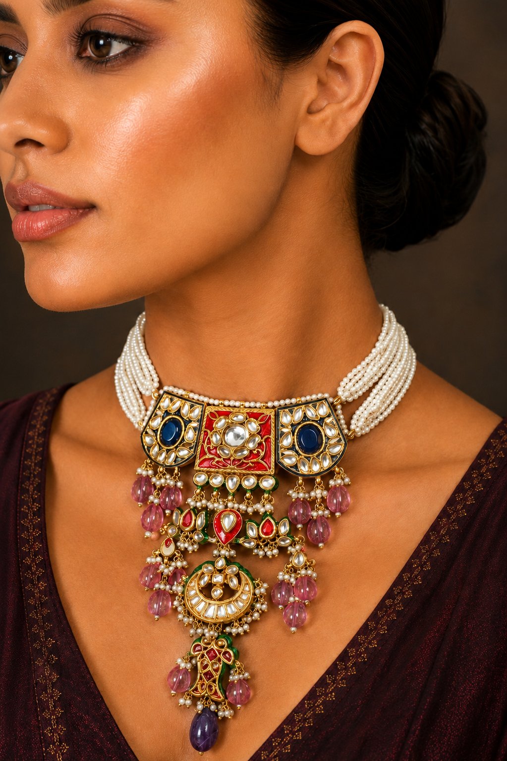 Blue Meenakari with Pearl Strings Kundan Necklace