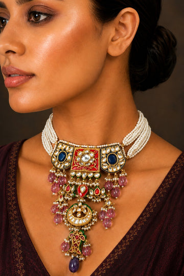 Blue Meenakari with Pearl Strings Kundan Necklace