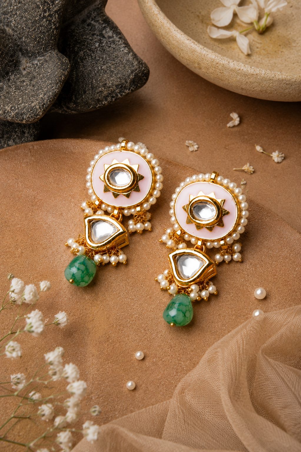 Pink Enamel Earrings with Green Drop