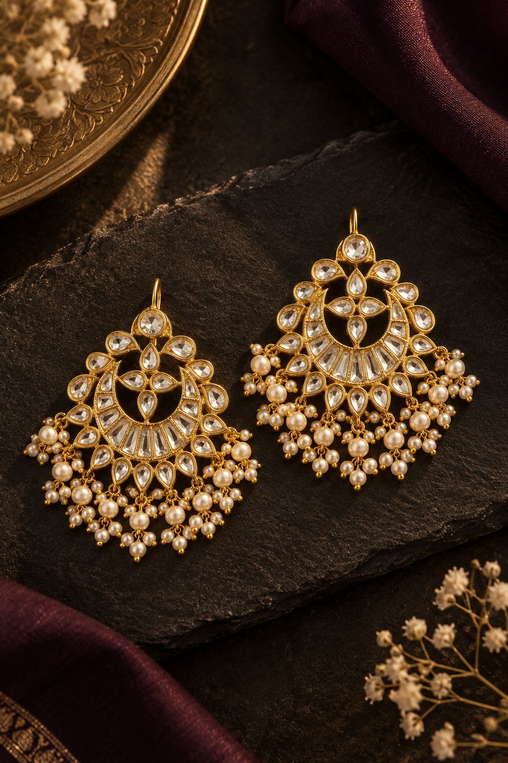 Gold & White Kundan Chandbali Earrings