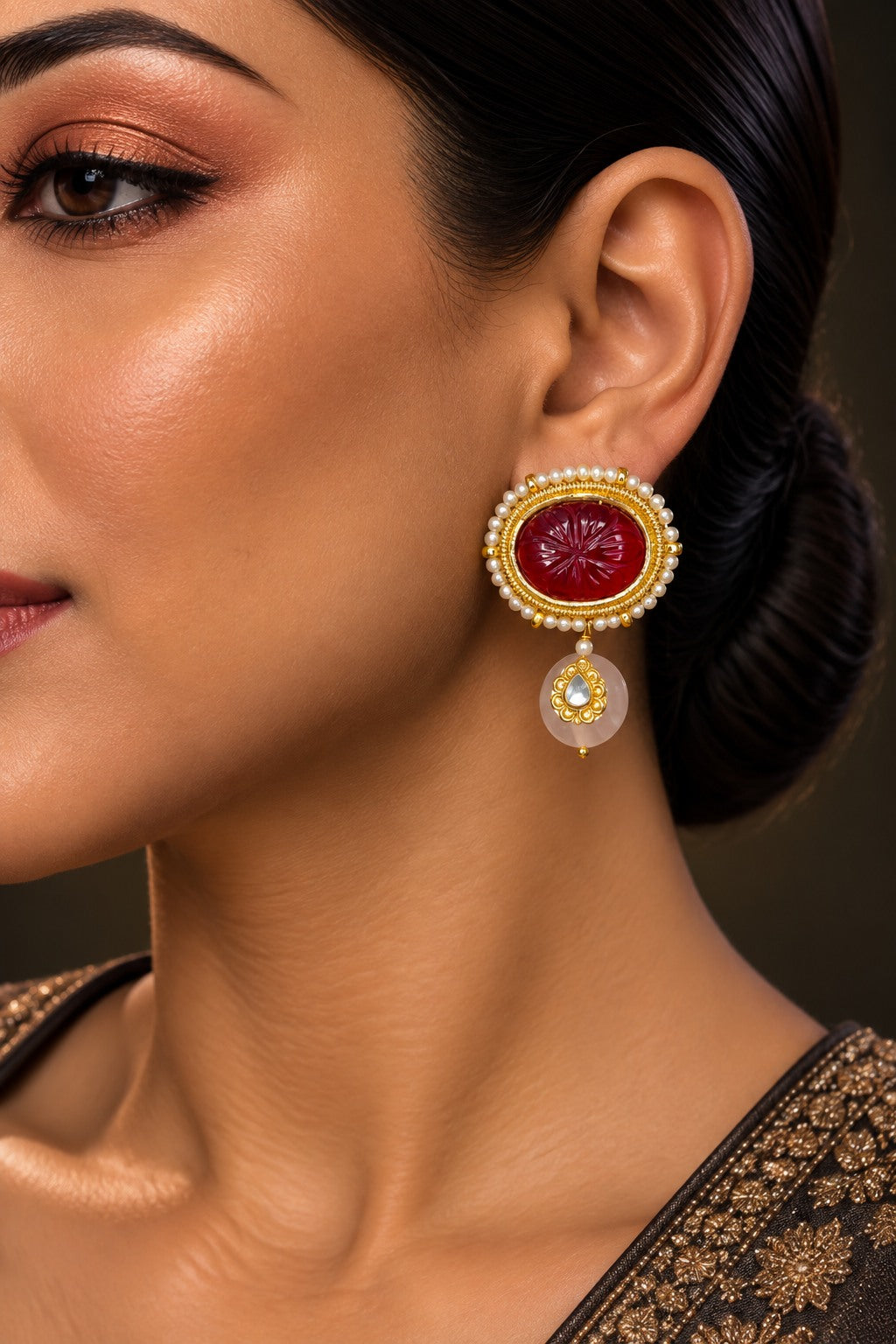 Carved Ruby & Rose Quartz Drop Earrings