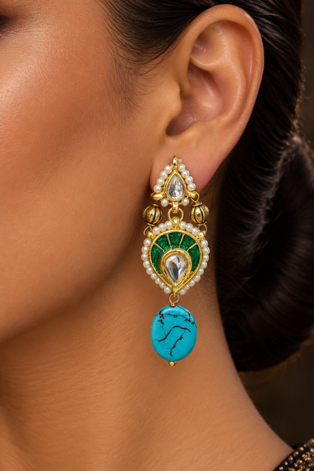 Green Kundan Turquoise Drop Earrings
