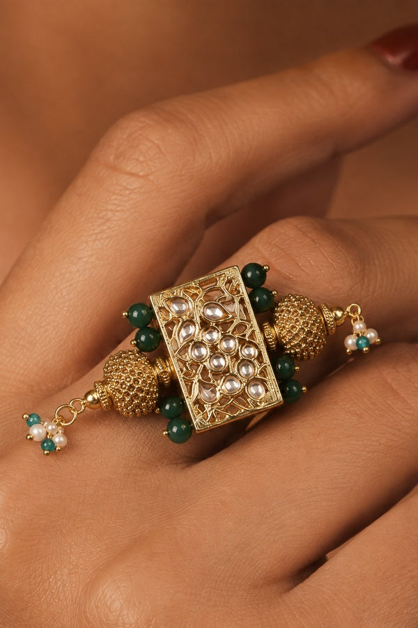 Gold & White Ring With Green Pearls