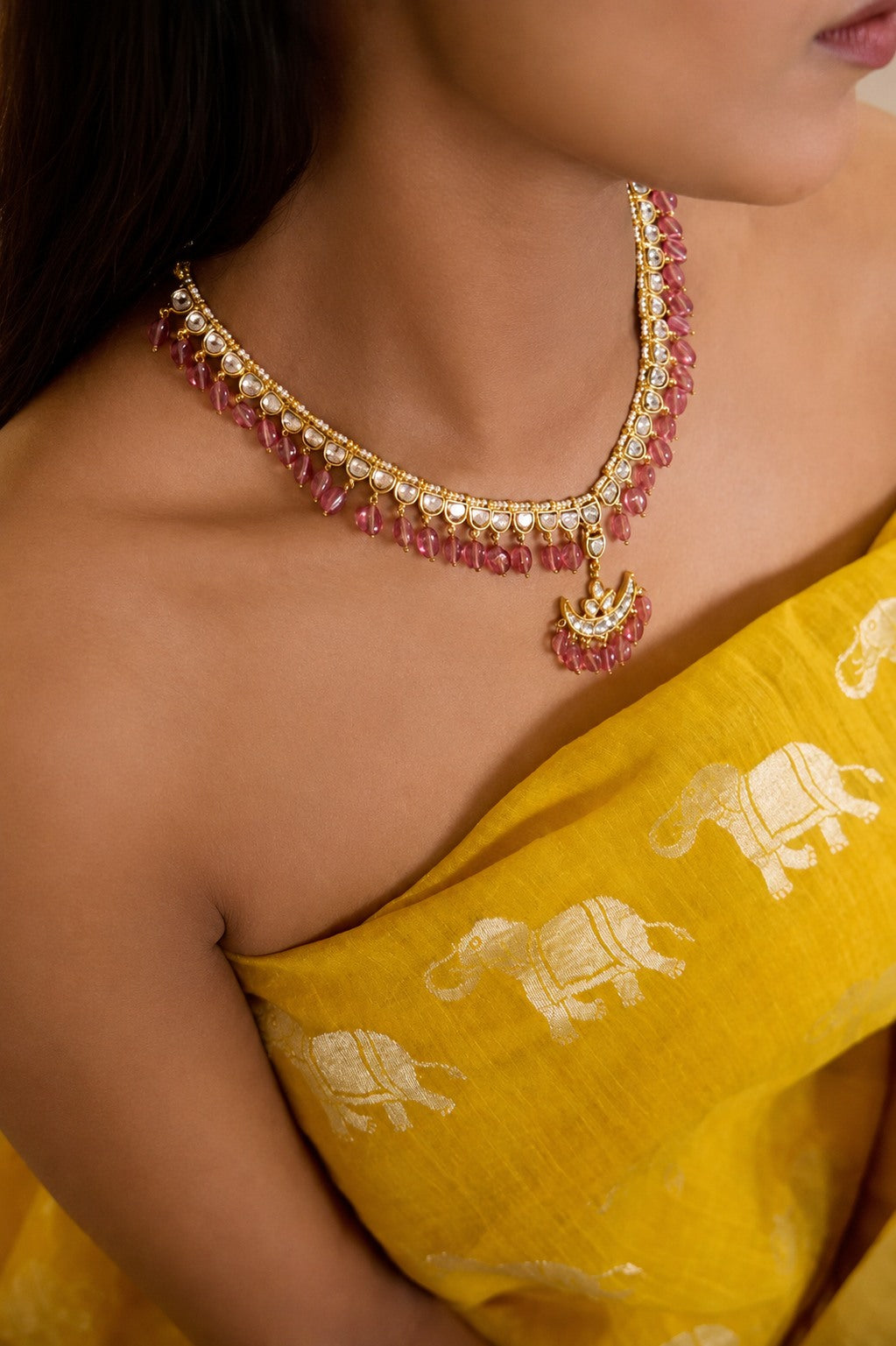 Gold & White Kundan Chand Tourmaline Stones Necklace