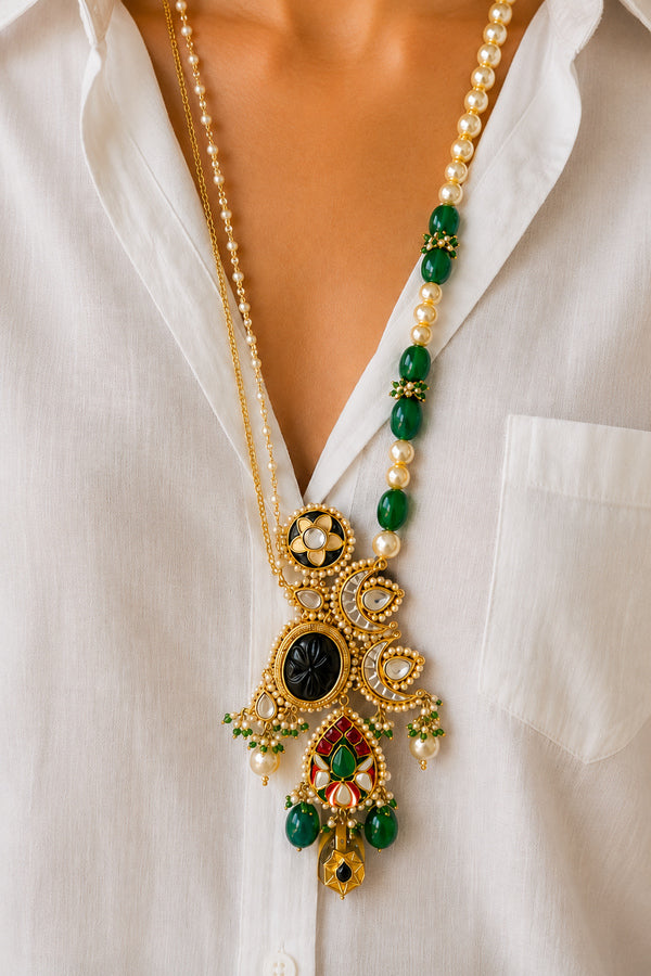 Red Meenakari With Pearls Asymetric Kundan Necklace