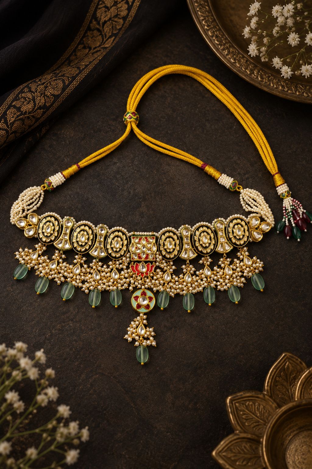Black Meenakari with Barium Drops Kundan Choker Necklace