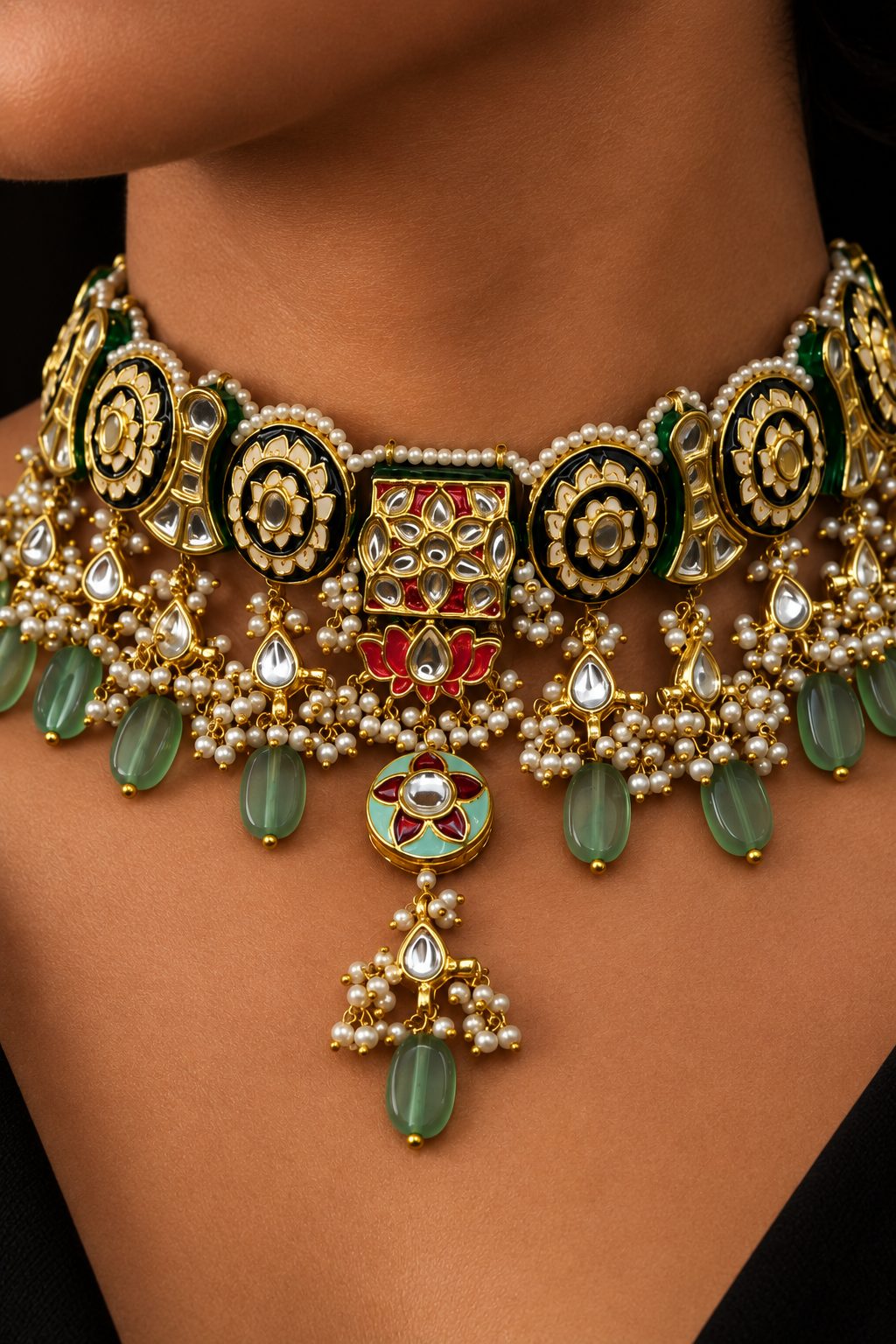Black Meenakari with Barium Drops Kundan Choker Necklace