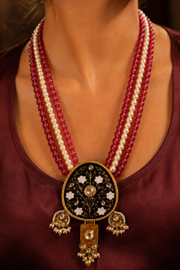 Black Meenakari with Tourmaline Pearls Kundan Necklace