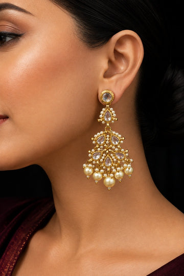 White Pearl & Kundan Chandelier Earrings