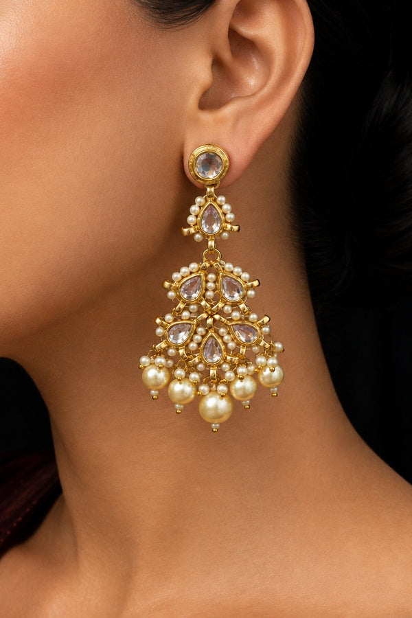 White Pearl & Kundan Chandelier Earrings