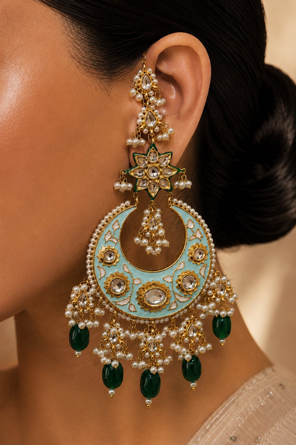 Blue Enamel with Emeralds Kundan Chandbali