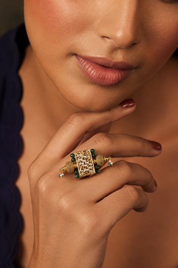 Gold & White Ring With Green Pearls