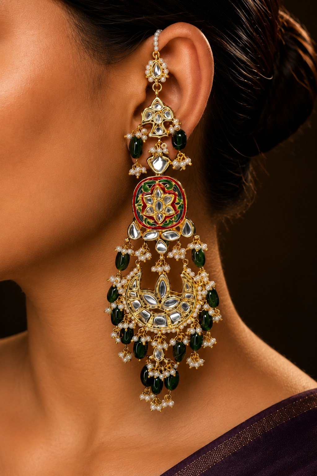 Ornate Chandbali with Emeralds Drops Earrings